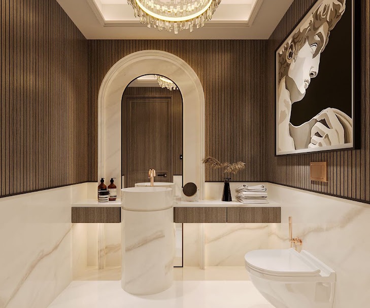 The Arched Calacatta & Cylindrical Marble Powder Room